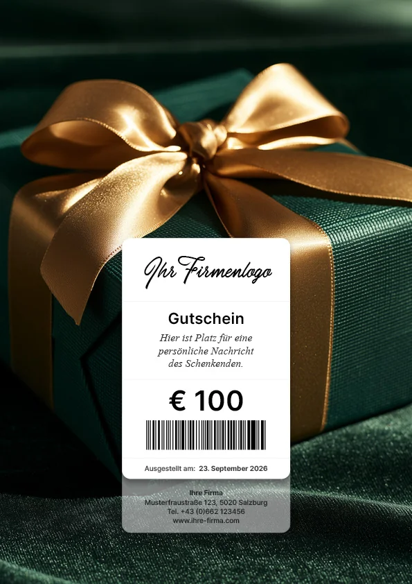 Gutscheinmotiv mit grünem Geschenk und goldener Schleife