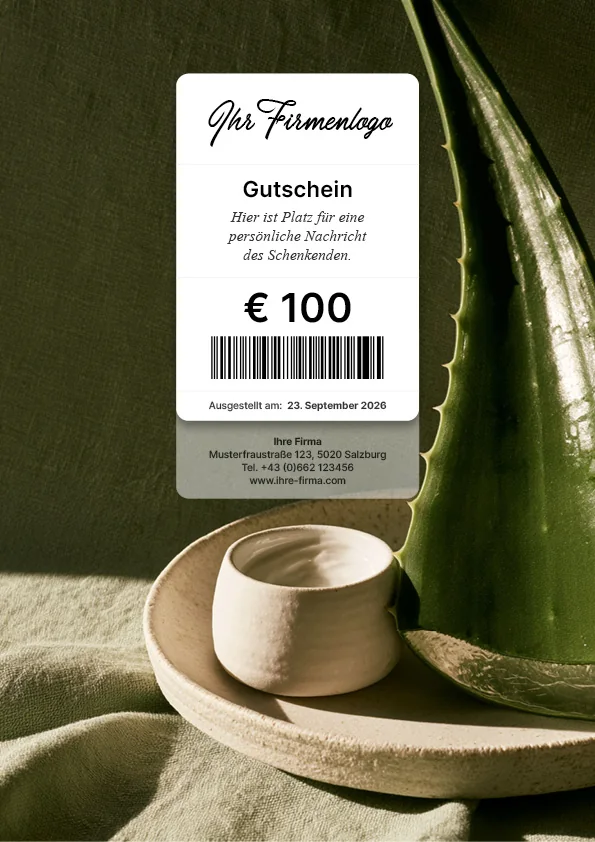 Gutscheinmotiv mit Aloe vera und Pflegeprodukten