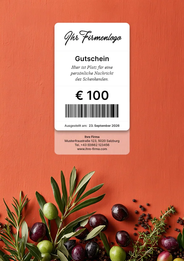 Gutscheinmotiv mit Genussmotiv in warmen Orangetönen