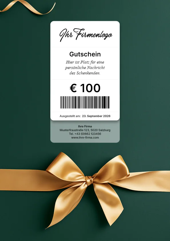 Gutscheinmotiv mit grünem Geschenkband und goldener Schleife